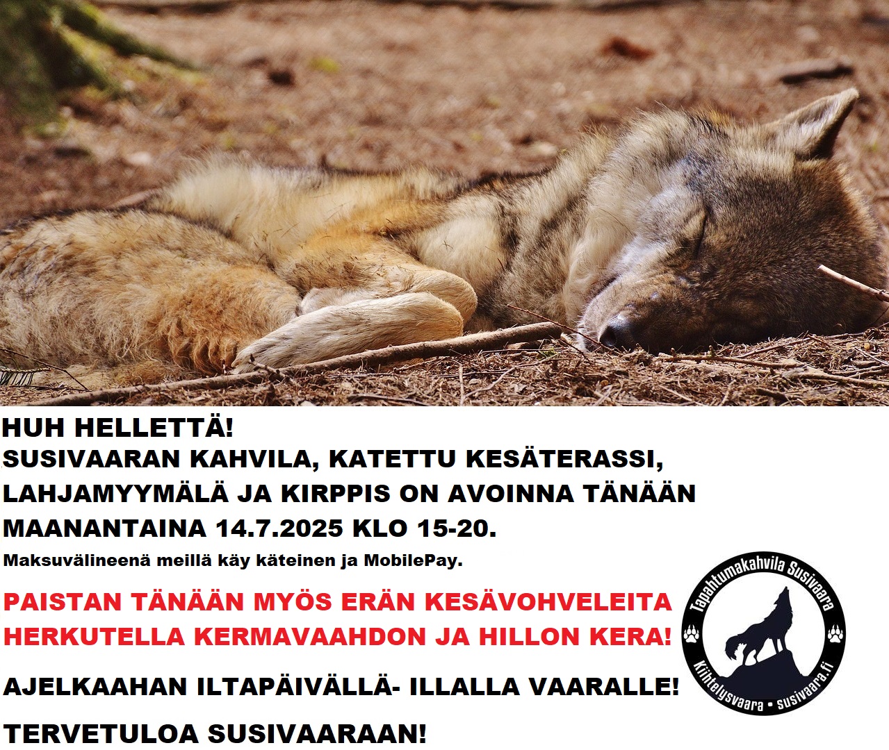 Susivaara on avoinna ma 14.7.2025 klo 15-21. Tervetuloa Susivaaraan!