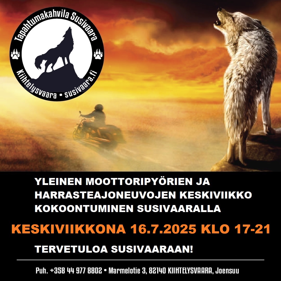 Moottoripyörien ja Harrasteajoneuvojen keskiviikko kokoontuminen Susivaaralla 16.7.2025 klo 17-21.
