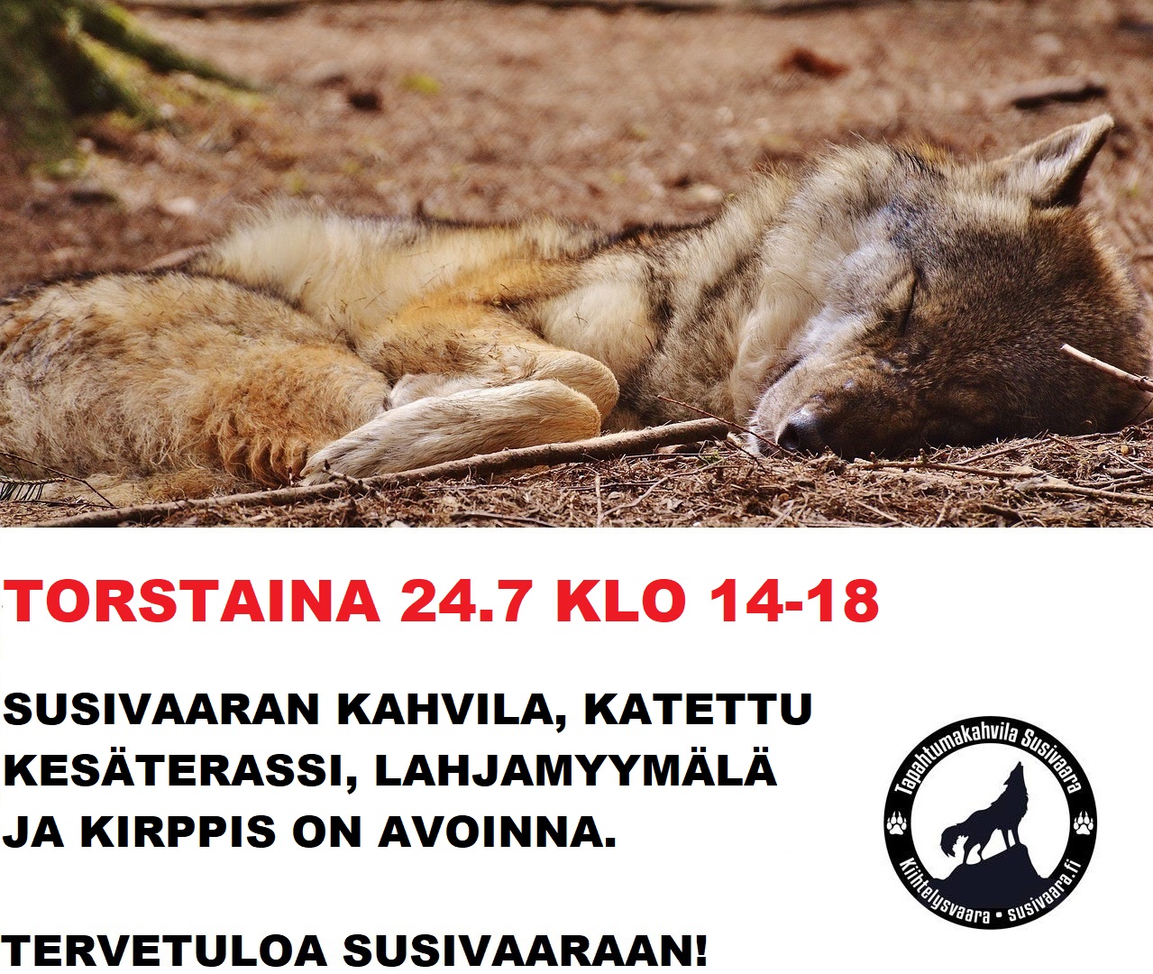 Susivaaran kahvila, katettu kesäterassi, lahjamyymälä ja kirppis on avoinna torstaina 24.7.2025 klo 14-18.