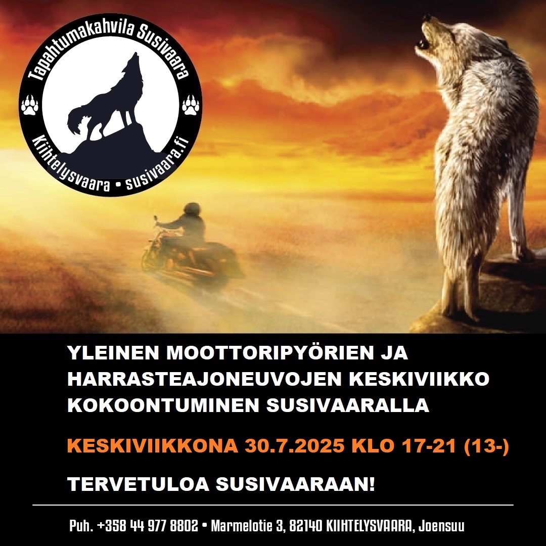 30.7.2025 Klo 17-21 Moottoripyörien ja Harrasteajoneuvojen Keskiviikko Kokoontuminen Susivaaralla 
