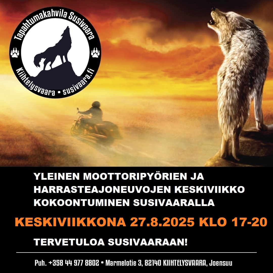 Moottoripyörien ja Harrasteajoneuvojen Keskiviikko Kokoontuminen Susivaaralla Keskiviikkona 27.8.2025 klo 17-20.