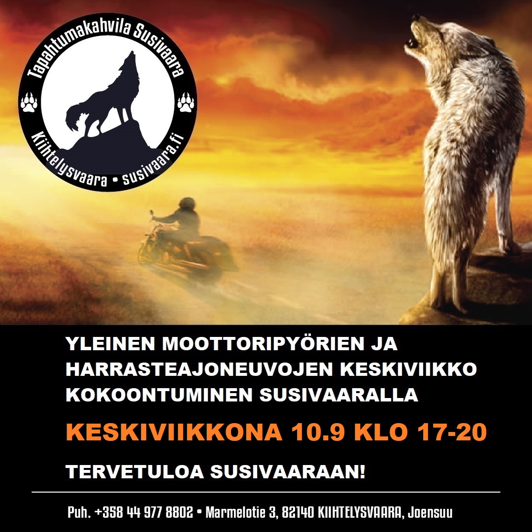Moottoripyörien ja Harrasteajoneuvojen Keskiviikko Kokoaminen Susivaaralla Keskiviikkona 10.9.2025 klo 17-20.
