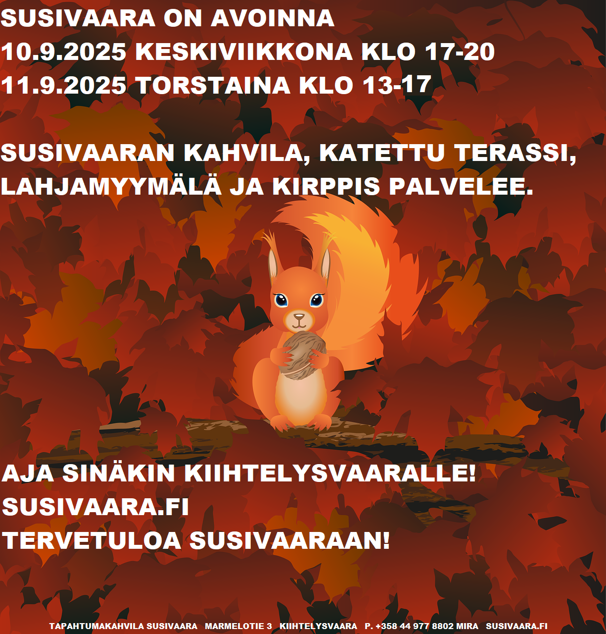 SUSIVAARA ON AVOINNA TORSTAINA 11.9.2025 KLO 13-17. SUSIVAARAN KAHVILA, KATETTU TERASSI, LAHJAMYYMÄLÄ JA KIRPPIS PALVELEE TEITÄ. Maksuvälineenä meillä käy käteinen ja Mobile Pay. SUSIVAARA ON AVOINNA MYÖS KESKIVIIKKONA 10.9.2025 KLO 17-20. AJA SINÄKIN KIIHTELYSVAARALLE! SUSIVAARA.FI TERVETULOA ❤ SUSIVAARALLE! Tapahtumakahvila Susivaara Marmelotie 3 Kiihtelysvaara Joensuu p. +358 44 977 8802 Mira