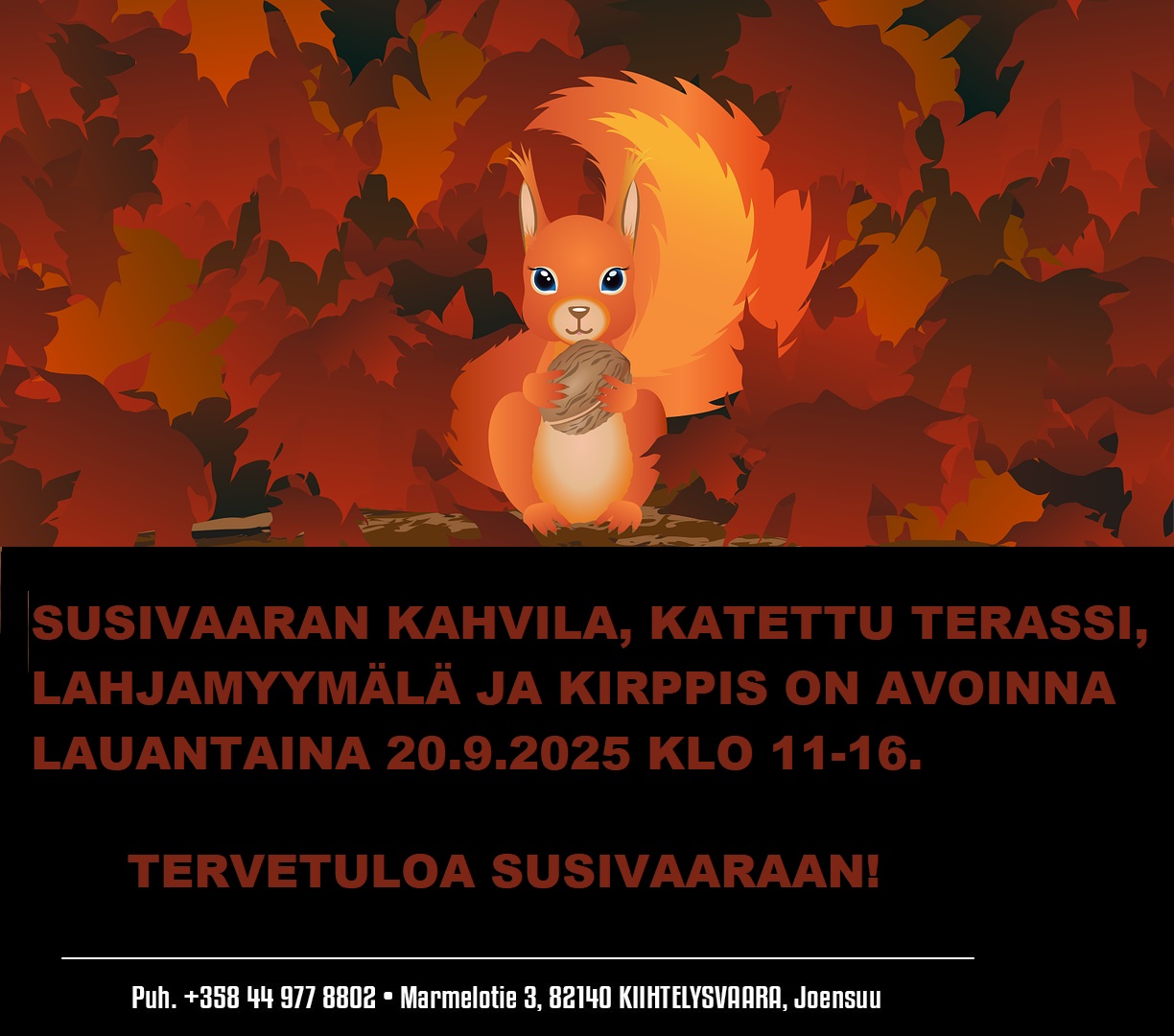 Susivaaran kahvila, katettu terassi, lahjamyymälä ja kirppis on avoinna lauantaina 20.9.2025 klo 11-16.