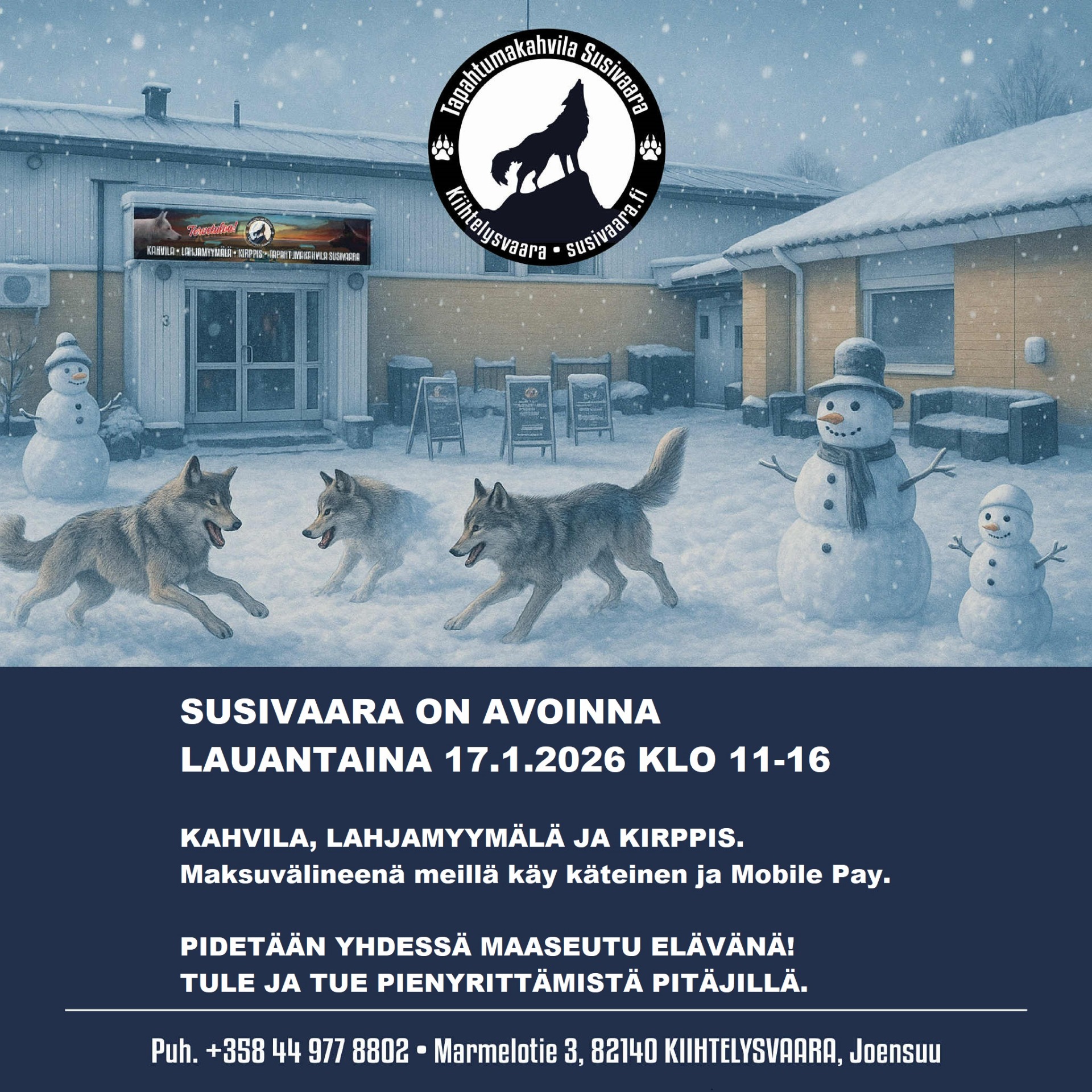 Susivaara on avoinna lauantaina 17.01.2026 klo 11-16. Tervetuloa Susivaaraan!