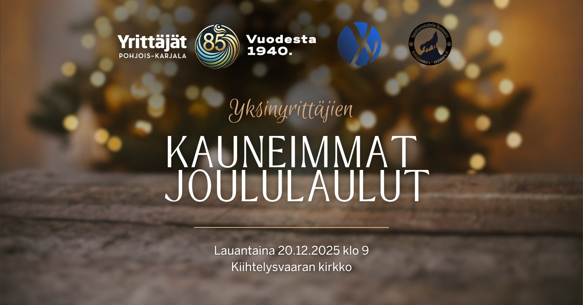 Keskellä kiireistä arkea on hyvä pysähtyä – antaa joulun tulla hiljaa, laulu kerrallaan. Tervetuloa mukaan yksinyrittäjien yhteiselle matkalle, jossa tunnelma on lämmin, seura leppoisaa ja hetket täynnä joulun lempeää taikaa. Aika: Lauantaina 20.12.2025 klo 09.00–13.00 Paikka: Joensuu - Kiihtelysvaaran kirkko - Joensuu (bussikuljetus). Mahdollisuus myös saapua omilla kyydeillä. Ilmoittaudu tästä: https://www.lyyti.fi/…/yksinyrittajien-kauneimmat… Tällä kertaa suuntaamme kohti Kiihtelysvaaraa – Joensuun tuttua lähipitäjää, jossa uusi, vuonna 2024 valmistunut kirkko kohoaa mäen päällä. Pysähdymme hengähtämään hetkeksi, virittäydymme joulun tunnelmaan ja laulamme yhdessä kauneimpia joululauluja yrittäjäporukalla.  Ohjelma: klo 9.00 – Bussikuljetus Joensuun keskustasta klo 9.40 – Saapuminen Kiihtelysvaaran kirkolle klo 9.45–10.00 – Glögitarjoilu klo 10.00–11.00 – Kauneimmat joululaulut klo 11.00–12.00 – Lounas ja kahvit klo 12.00 – Tutustuminen kirkkoon, esittelykierros klo 12.30 – Paluukuljetus takaisin noin klo 13.10 – Perillä Joensuun keskustassa Ilmoittaudu mukaan viimeistään torstaina 4.12.2025. Tapahtuma on maksuton ja avoin yksinyrittäjille sekä heidän avecilleen. Ilmoittautumisen yhteydessä voit valita, tuletko paikalle yhteiskuljetuksella vai omalla kyydillä. Tapahtuman järjestää Pohjois-Karjalan Yrittäjien yksinyrittäjäverkosto YY-sakki. Tarjoiluissa mukana tapahtumakahvila Susivaara. Kysyttävää? Ota yhteyttä: iitu.sihvonen@yrittajat.fi | p. 050 374 4909.