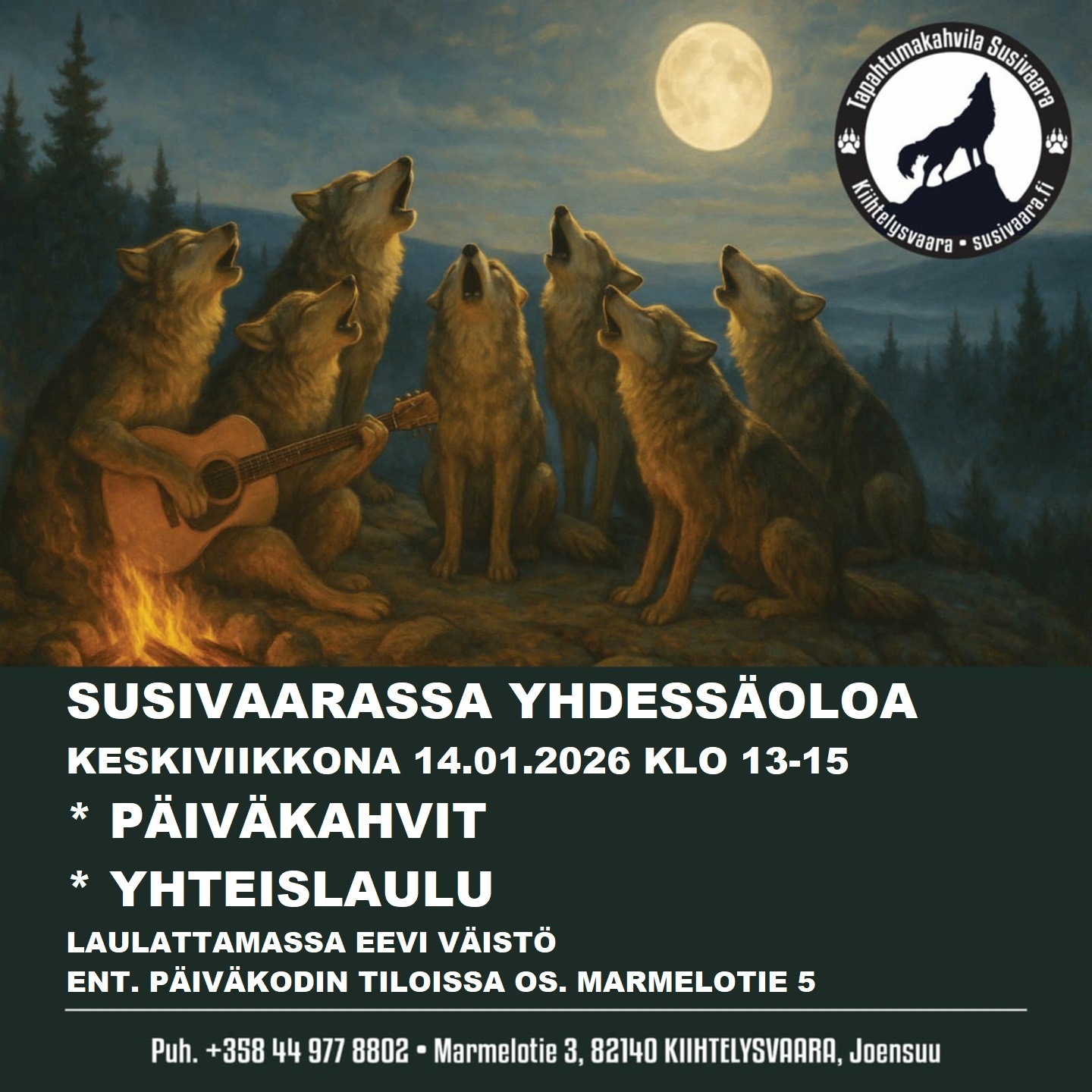 Päiväkahvit - Yhteislaulua Susivaaralla ke 14.1.2026 klo 13-15.