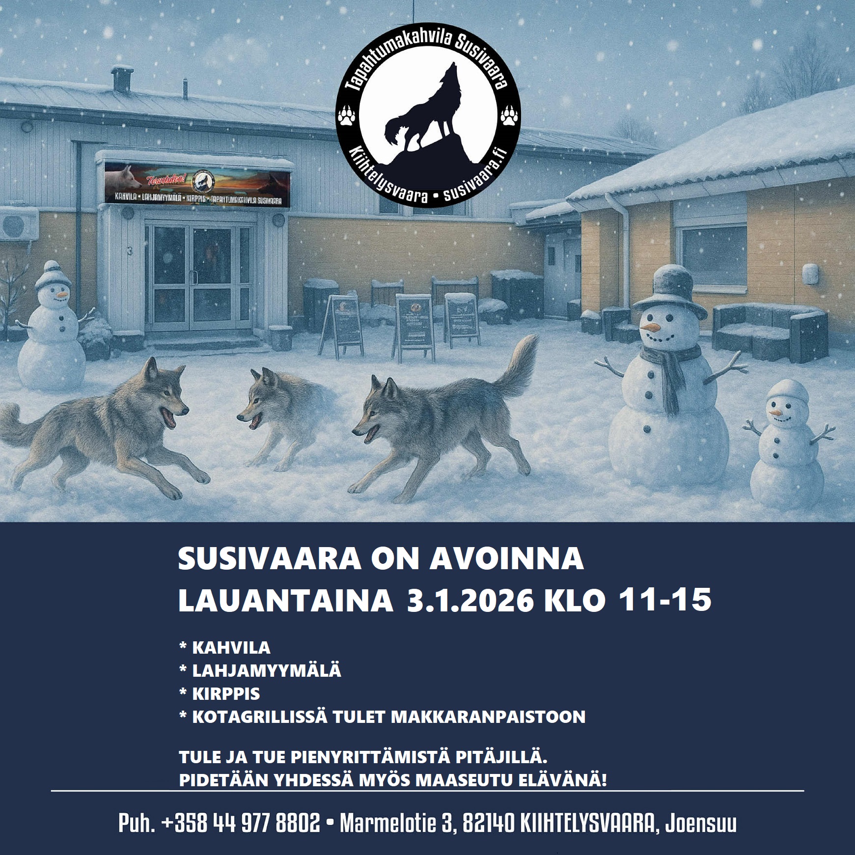 Susivaara on avoinna lauantaina 3.1.2026 klo 11-15.