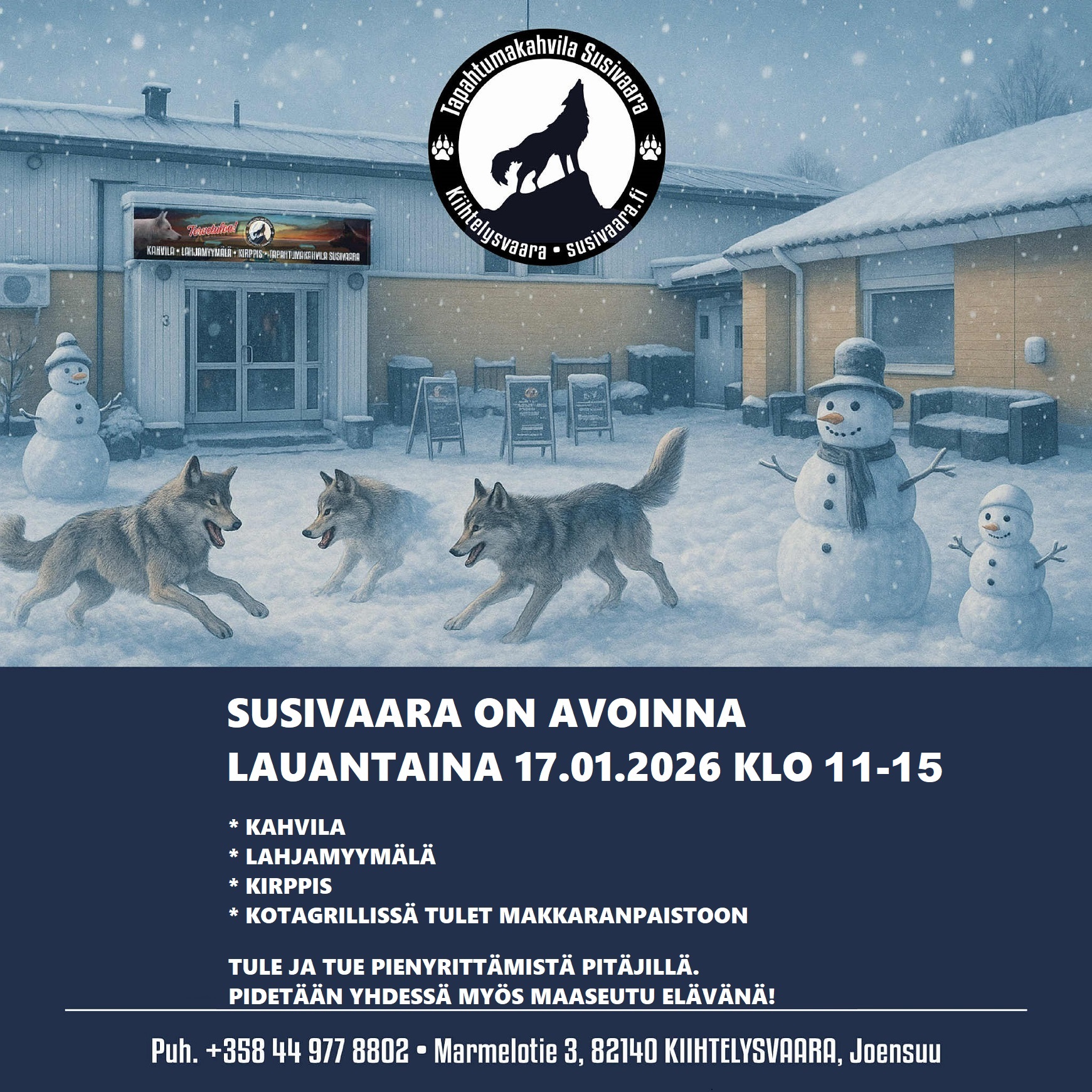 Susivaara on avoinna lauantaina 17.01.2026 klo 11-15. Tervetuloa Susivaaraan!