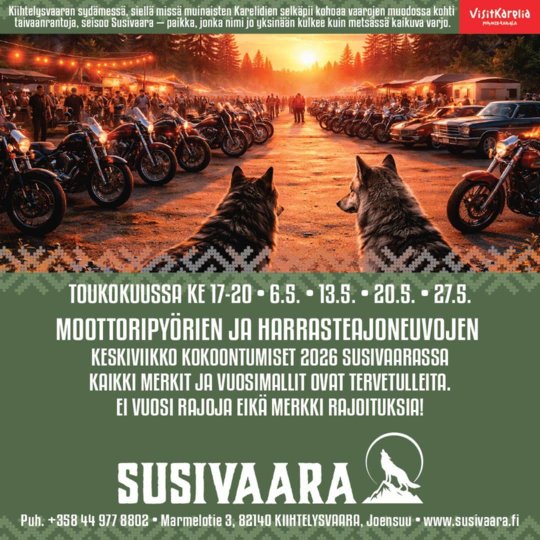 MOOTTORIPYÖRIEN JA HARRASTEAJONEUVOJEN KOKOONTUMINEN SUSIVAARALLA KESKIVIIKKOISIN TOUKOKUUSSA 2026.