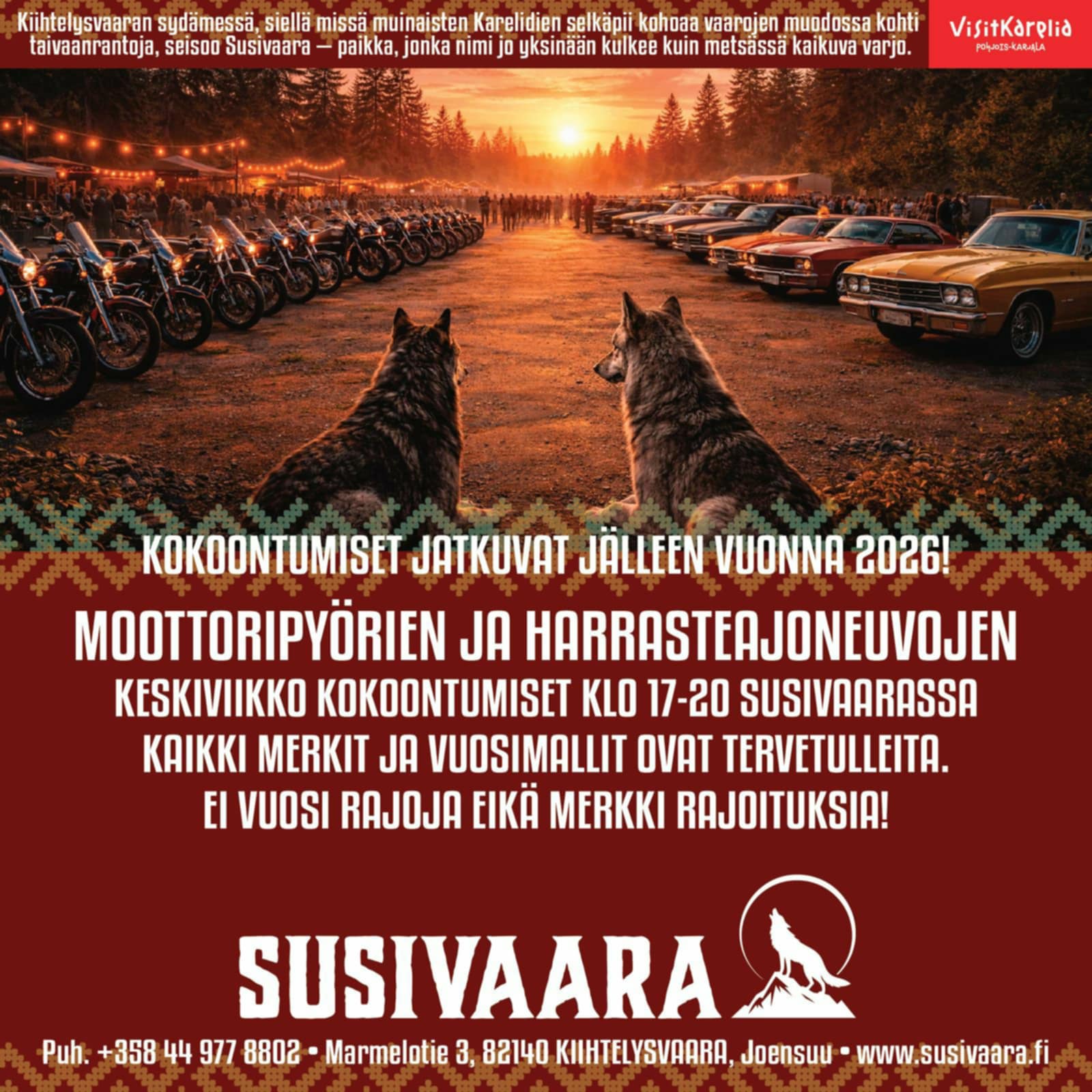 MOOTTORIPYÖRIEN JA HARRASTEAJONEUVOJEN KOKOONTUMINEN SUSIVAARALLA KESKIVIIKKOISIN HEINÄKUUSSA 2026.