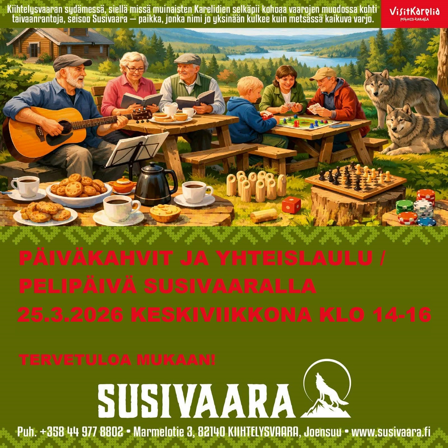 SUSIVAARA ON AVOINNA KESKIVIIKKONA 25.3.2026 KLO 14-16. SUSIVAARA IS OPEN ON WEDNESDAY, MARCH 25TH 2026, FROM 14:00 TO 16:00.