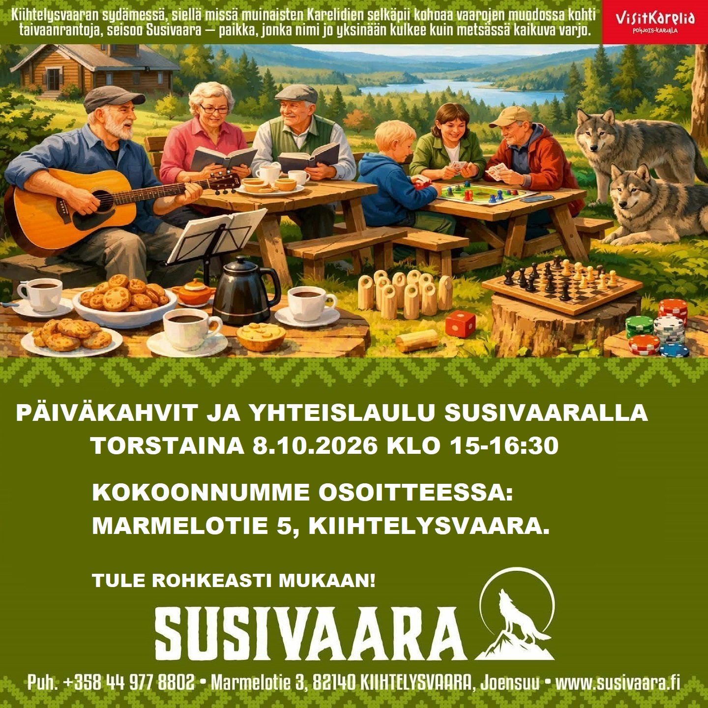 Päiväkahvit ja Yhteislaulua Susivaaralla, mainos Susivaara.